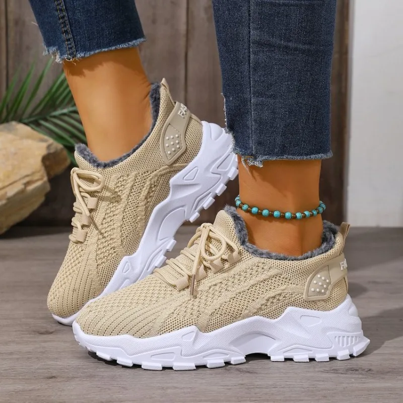 Women Winter Thermal Sneakers  - огляд і ціна Knit Fabric Lace Up Sneakers